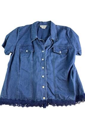 Vintage Stonebridge Denim Shirt 22W Blue Button Front Lace Hem Plus Size Cotton